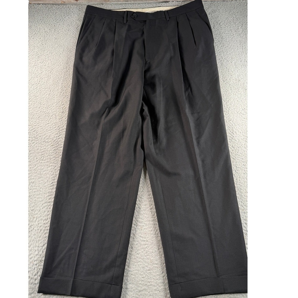 Santorelli Como 2 Luxury Serge Dress Pants Mens 35x28 Black Wool Pleated Cuffed